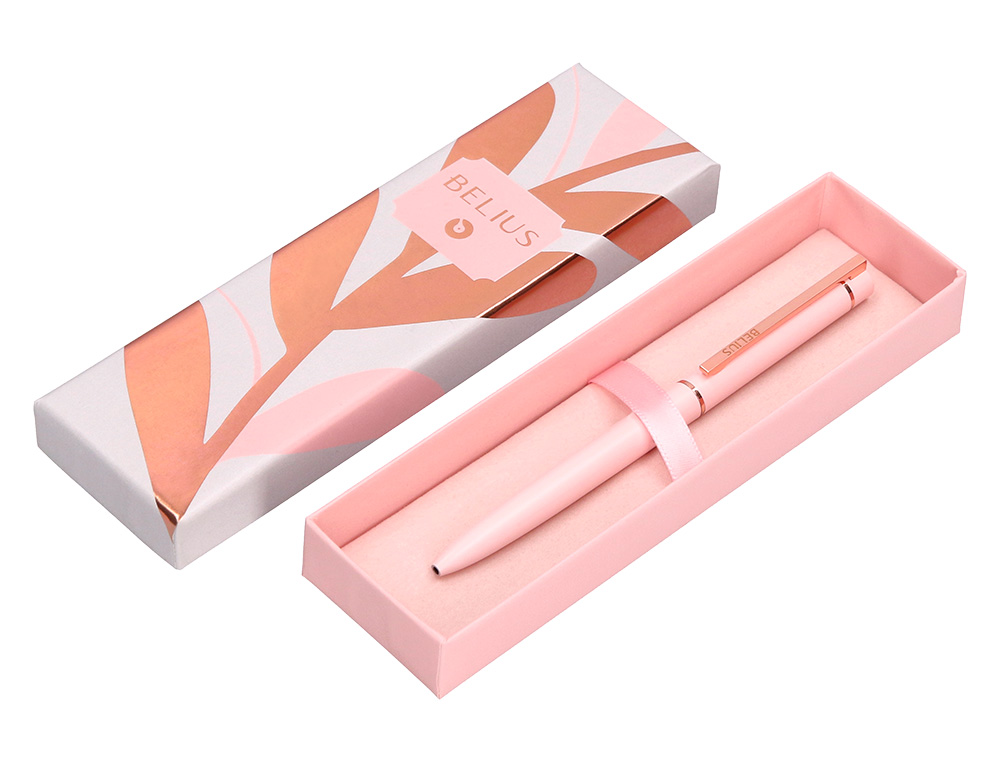 ESFEROGRAFICA BELIUS ROSE ALUMINIO DESENHO ROSA OURO ROSA TINTA AZUL CAIXA DESIGN