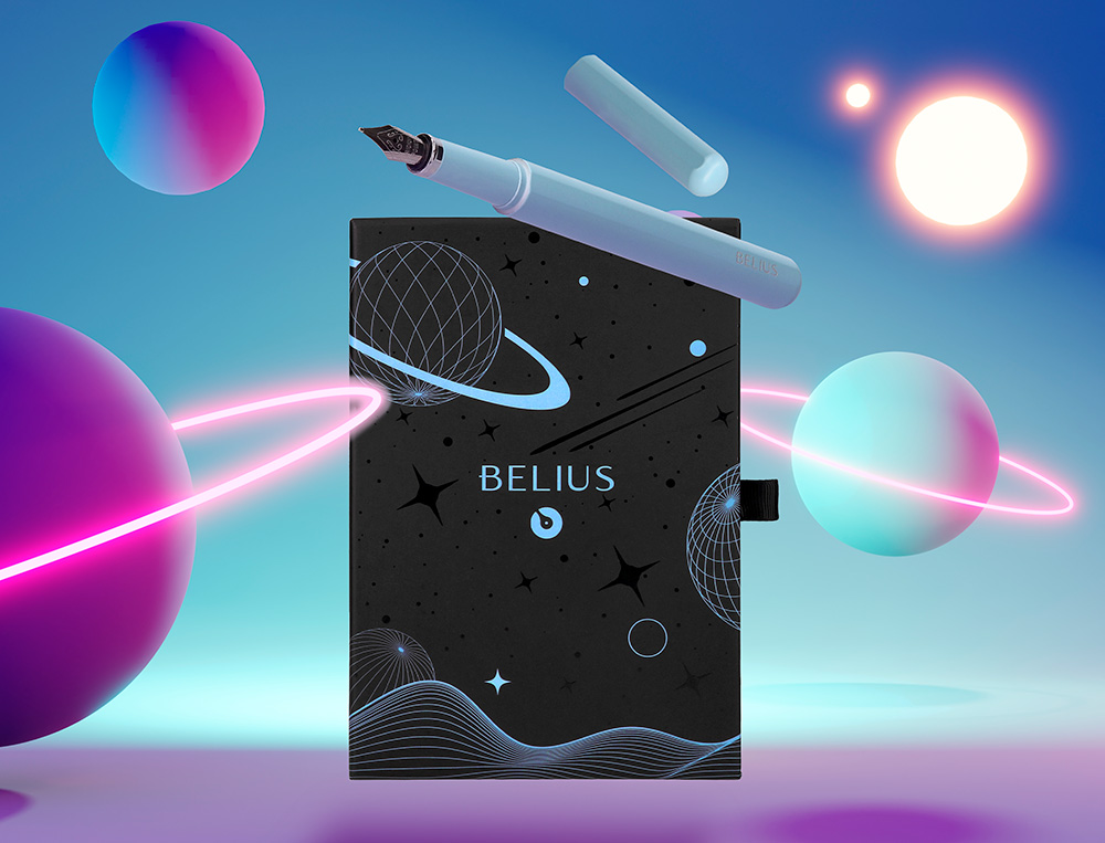 CANETA E BOLSA EM IMITACAO PELE BELIUS SPACE B DESENHO MINIMALISTA AZUL TINTA AZUL CAIXA DESIGN