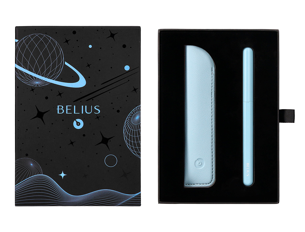 CANETA E BOLSA EM IMITACAO PELE BELIUS SPACE B DESENHO MINIMALISTA AZUL TINTA AZUL CAIXA DESIGN