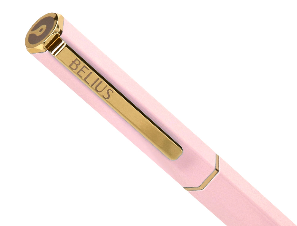 ESFEROGRAFICA BELIUS MACARON BLISS ALUMINIO DESENHO HEXAGONAL ROSA E DOURADO TINTA AZUL CAIXA DESIGN