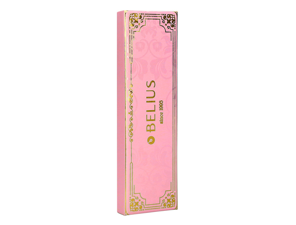 ESFEROGRAFICA BELIUS MACARON BLISS ALUMINIO DESENHO HEXAGONAL ROSA E DOURADO TINTA AZUL CAIXA DESIGN