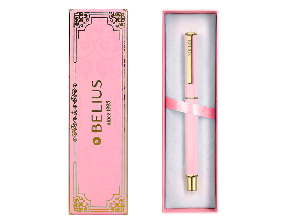 ESFEROGRAFICA BELIUS MACARON BLISS ALUMINIO DESENHO HEXAGONAL ROSA E DOURADO TINTA AZUL CAIXA DESIGN