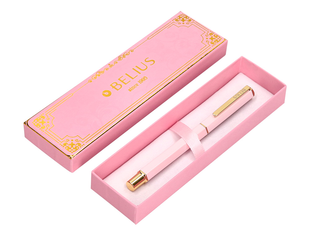 ESFEROGRAFICA BELIUS MACARON BLISS ALUMINIO DESENHO HEXAGONAL ROSA E DOURADO TINTA AZUL CAIXA DESIGN