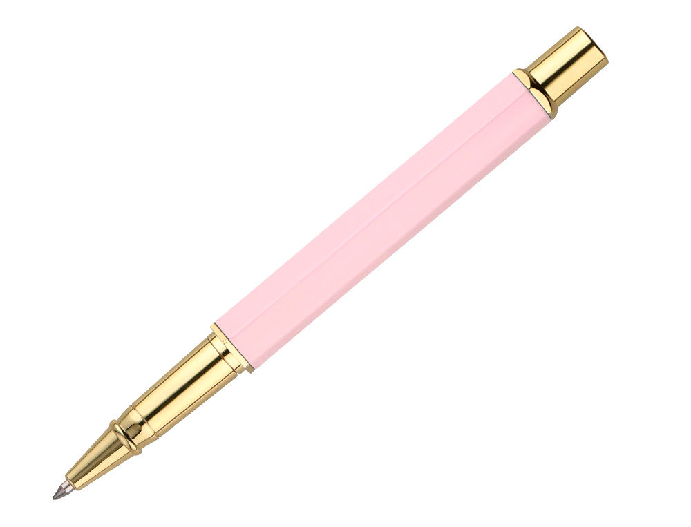 ESFEROGRAFICA BELIUS MACARON BLISS ALUMINIO DESENHO HEXAGONAL ROSA E DOURADO TINTA AZUL CAIXA DESIGN