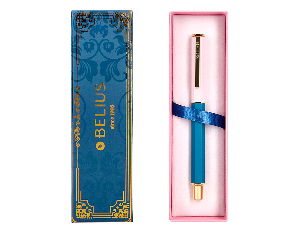 ESFEROGRAFICA BELIUS MACARON BLISS ALUMINIO DESENHO HEXAGONAL ROSA AZUL E DOURADO TINTA AZUL CAIXA DESIGN