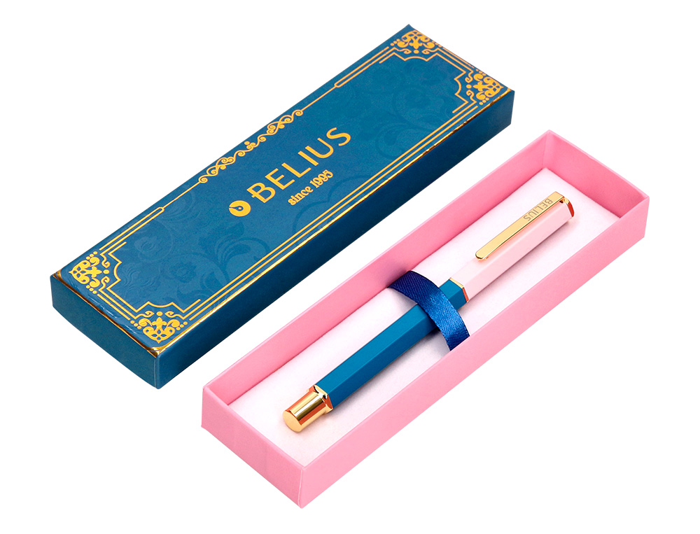 ESFEROGRAFICA BELIUS MACARON BLISS ALUMINIO DESENHO HEXAGONAL ROSA AZUL E DOURADO TINTA AZUL CAIXA DESIGN