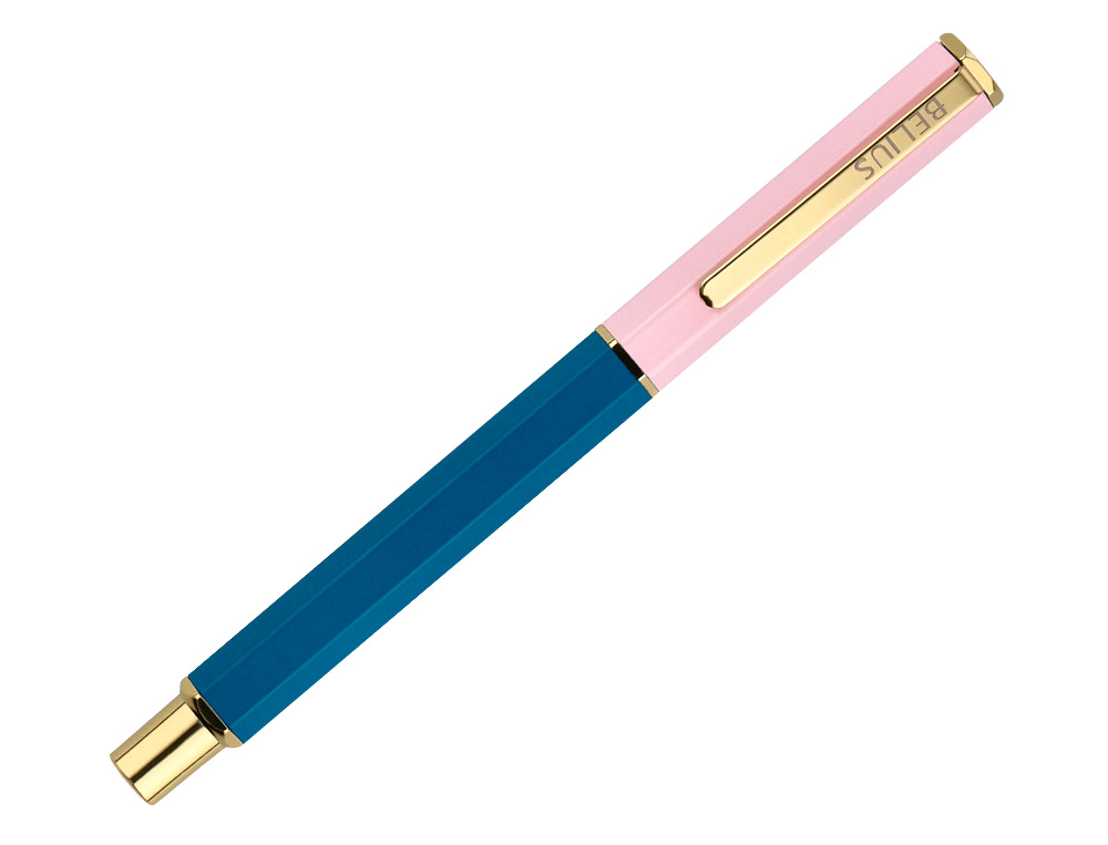 ESFEROGRAFICA BELIUS MACARON BLISS ALUMINIO DESENHO HEXAGONAL ROSA AZUL E DOURADO TINTA AZUL CAIXA DESIGN