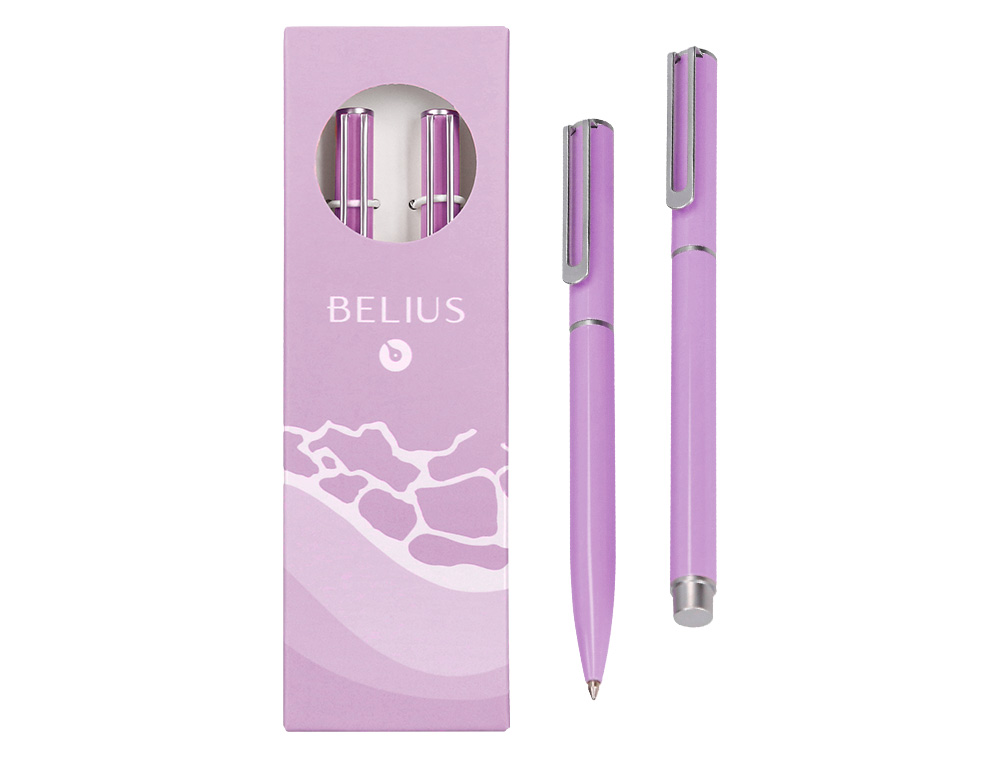 CONJUNTO ESFEROGRAFICA E ROLLER BELIUS ENDLESS SUMMER ALUMINIO DESENHO ROXO E PRATEADO TINTA AZUL CAIXA DESIGN