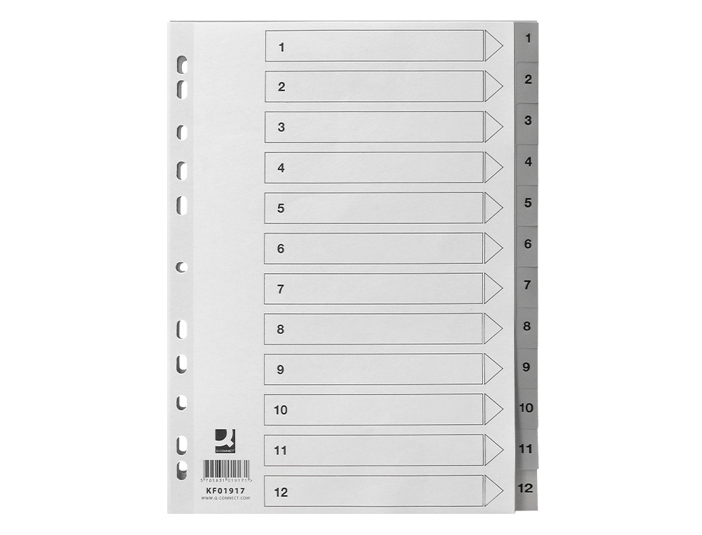 SEPARADOR NUMERICO Q-CONNECT PLASTICO 1-12 CONJUNTO DE 12 SEPARADORES DIN A4 MULTIPERFURADOS