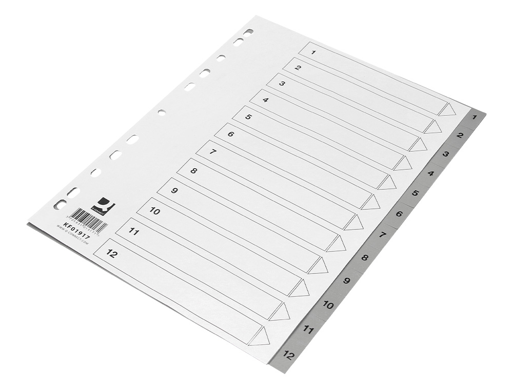 SEPARADOR NUMERICO Q-CONNECT PLASTICO 1-12 CONJUNTO DE 12 SEPARADORES DIN A4 MULTIPERFURADOS