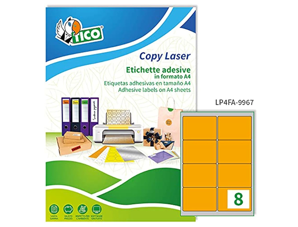 ETIQUETA ADESIVA TICO LARANJA FLUOR PERMANENTE CERTIFICADO FSC LASER/JATO TINTA/FOTOCOPIA 99,1X67,7 MM CAIXA 560 UDS