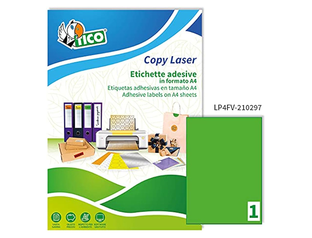 ETIQUETA ADESIVA TICO VERDE FLUOR PERMANENTE CERTIFICADO FSC LASER/JATO TINTA/FOTOCOPIA 210X297 MM CAIXA 70 UDS
