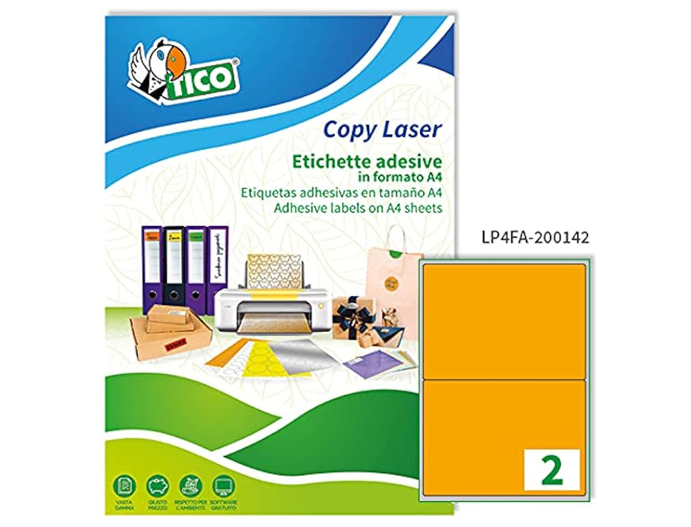 ETIQUETA ADESIVA TICO LARANJA FLUOR PERMANENTE CERTIFICADO FSC LASER/JATO TINTA/FOTOCOPIA 200X142 MM CAIXA 140 UDS