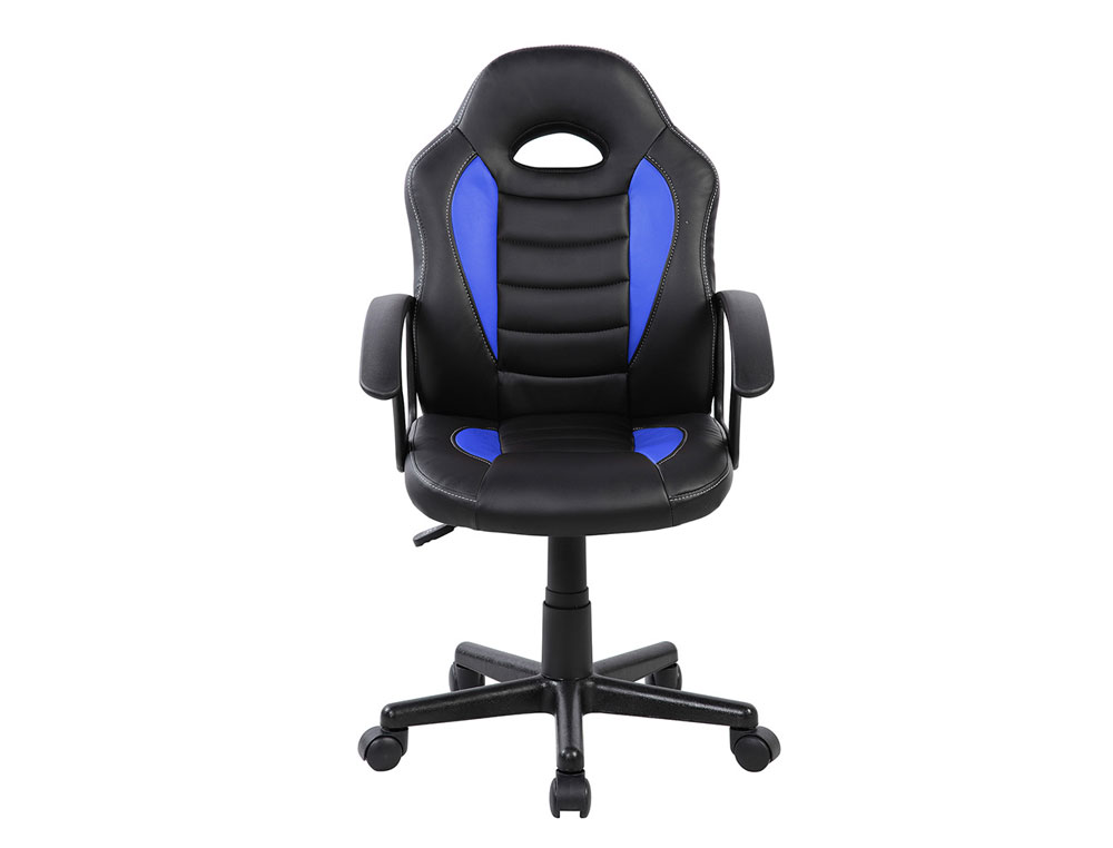 CADEIRA ROCADA GAMING BRACOS FIXOS BASE NYLON COM RODAS IMITACAO PELE PRETO/AZUL 435X430X880-995 MM