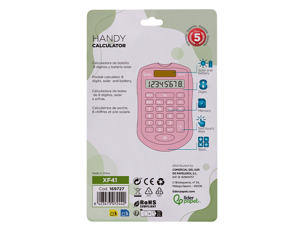 CALCULADORA LIDERPAPEL DE BOLSO XF41 8 DIGITOS SOLAR E PIHAS COR ROSA 94X59,5X10,5MM