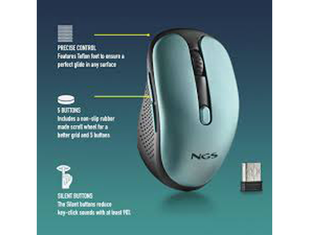 RATO NGS EVO RUST OTICO 800/1200/1600 DPI SEM FIOS 5 BOTOES TECLAS SILENCIOSAS RECETOR USB 2,4 GHZ VERDE GELO