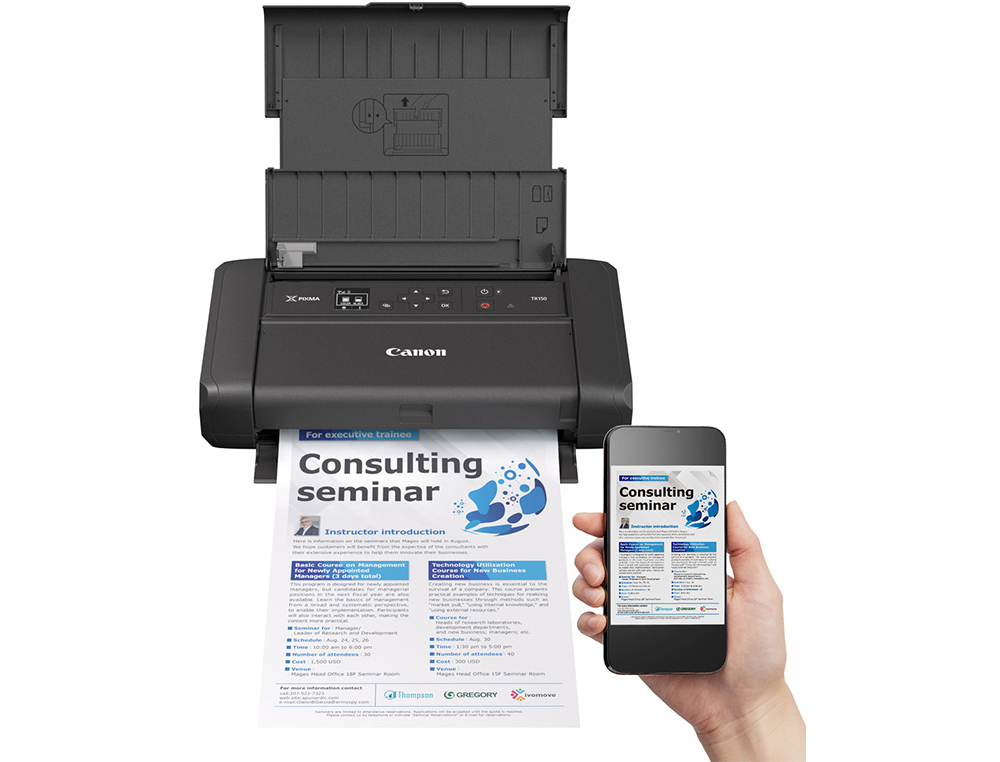 IMPRESSORA CANON PIXMA TR150 TINTA COR 9 PPM PRETO/5 PPM COR 20X25 CM WIFI BANDEJA ENTRADA 50 FOLHAS COM BATERIA
