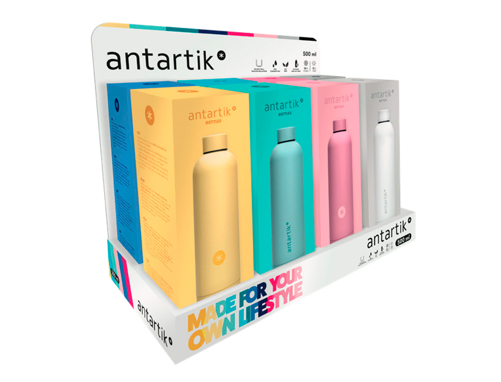 GARRAFA ANTARTIK ISOTERMICA EXPOSITOR 8 UDS CORES SORTIDAS ACO INOXIDAVEL LIVRE DE BPA 500 ML