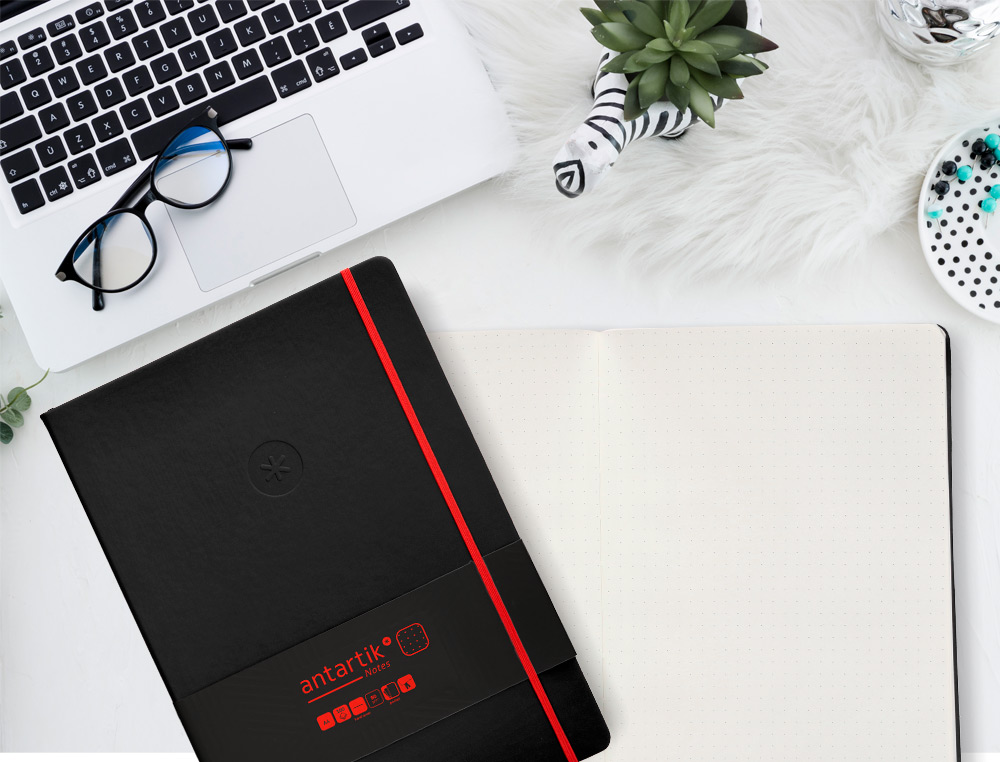 CADERNO COM ELASTICO ANTARTIK NOTES CAPA DURA A4 PONTILHADO PRETO E VERMELHO 100 FOLHAS 80 GR FSC
