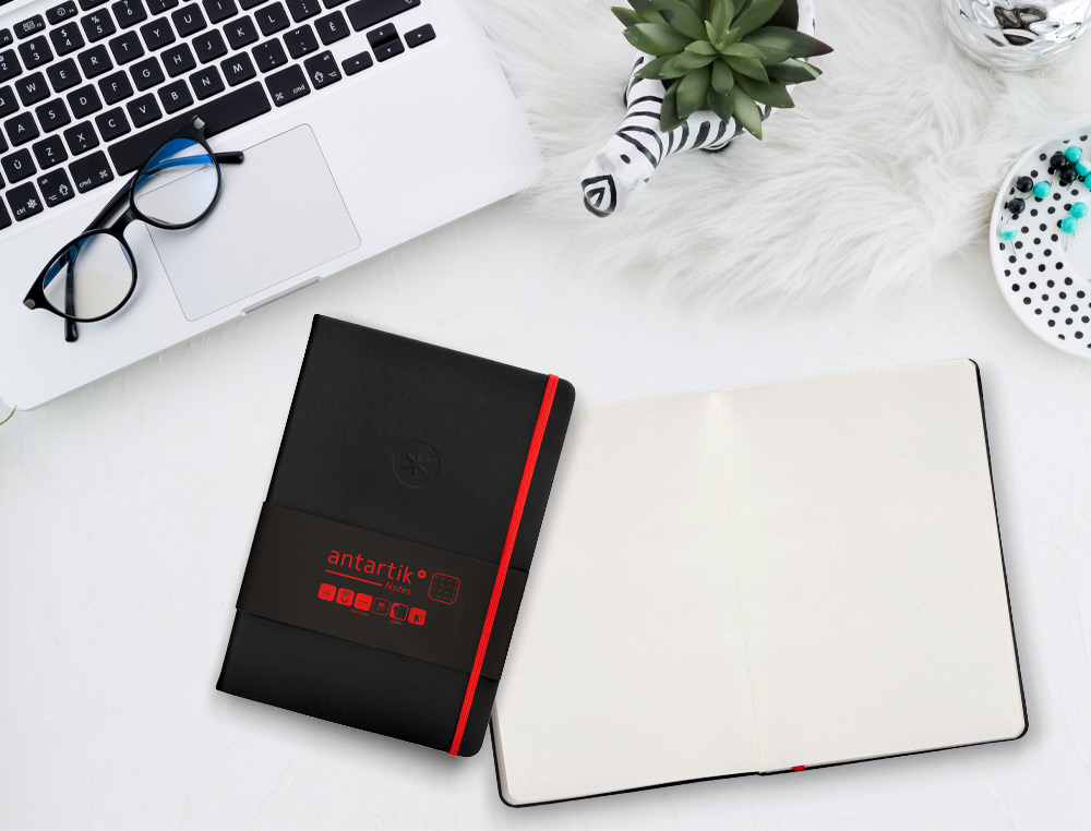 CADERNO COM ELASTICO ANTARTIK NOTES CAPA DURA A5 PONTILHADO PRETO E VERMELHO 100 FOLHAS 80 GR FSC