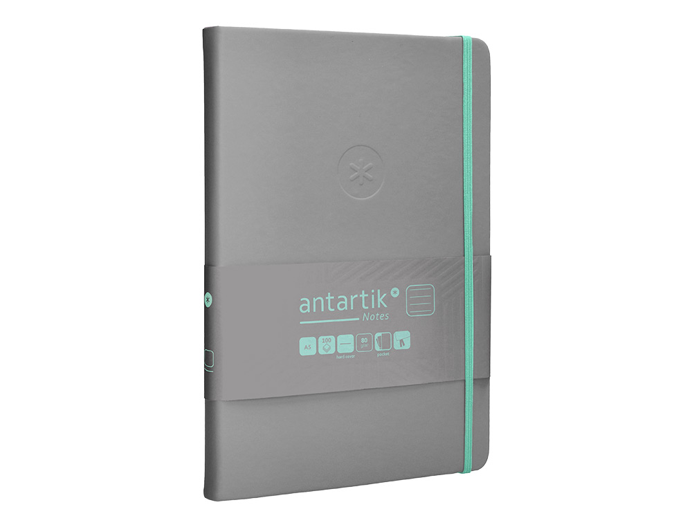 CADERNO COM ELASTICO ANTARTIK NOTES CAPA DURA A5 PAUTADO CINZA E TURQUESA 100 FOLHAS 80 GR FSC
