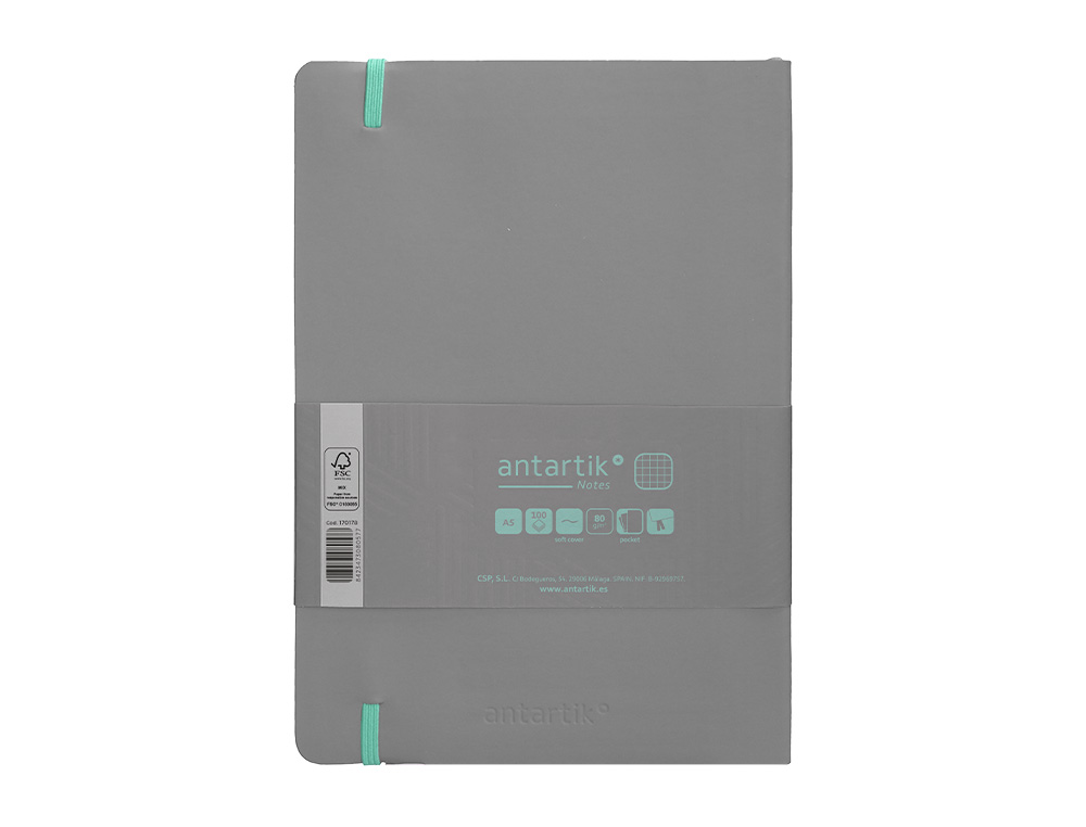 CADERNO COM ELASTICO ANTARTIK NOTES CAPA MOLE A5 QUADRICULADO CINZA E TURQUESA 80 FOLHAS 80 GR FSC
