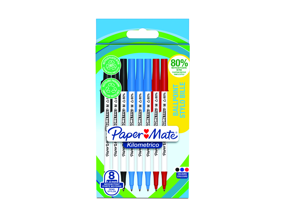 ESFEROGRAFICA PAPER MATE KILOMETRICA PONTA 1 MM PLASTICO RECICLADO 80% BLISTER DE 3 PRETAS / 3 AZUIS / 2 VERMELHAS