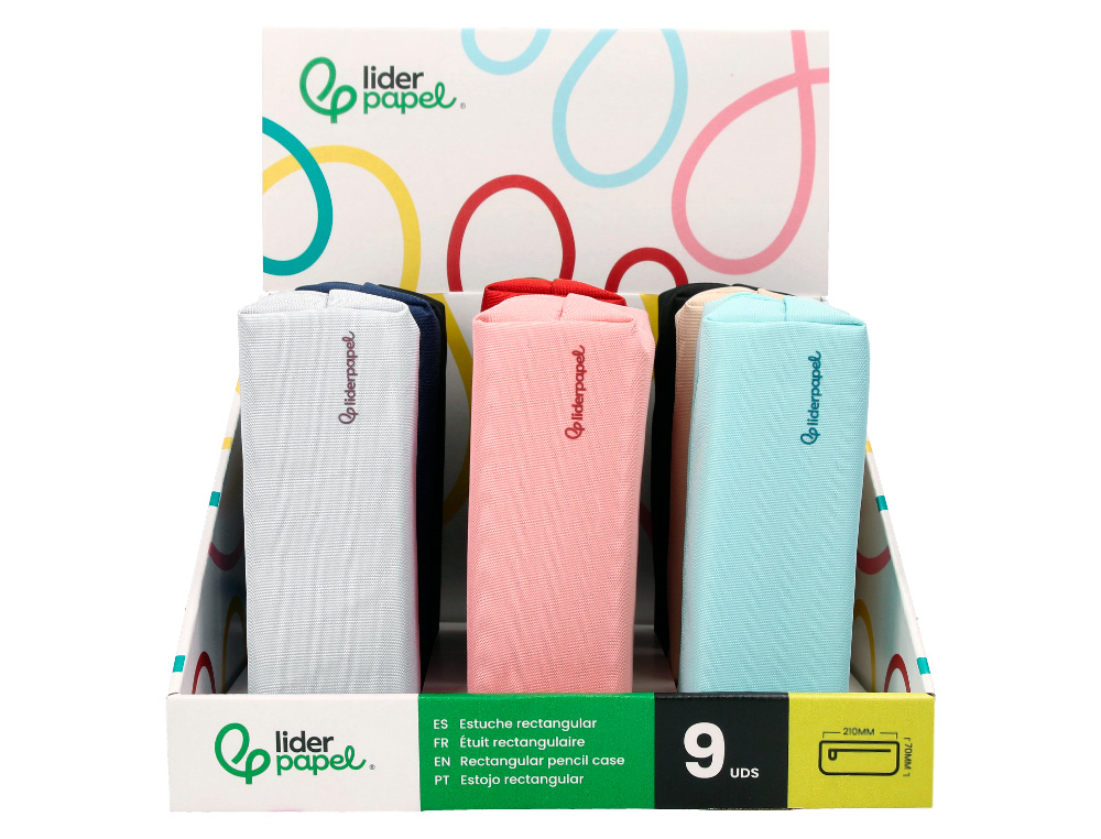ESTOJO ESCOLAR LIDERPAPEL CLASSIC RETANGULAR COM ASA 210X70MM EXPOSITOR CORES SORTIDAS 9 UNIDADES