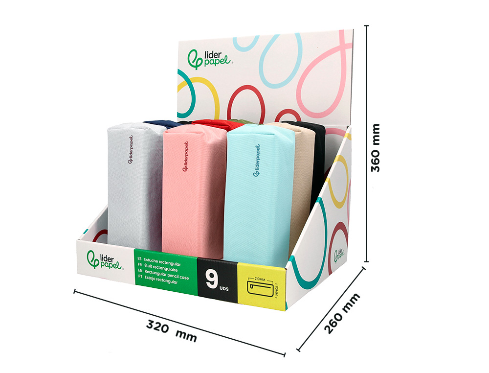 ESTOJO ESCOLAR LIDERPAPEL CLASSIC RETANGULAR COM ASA 210X70MM EXPOSITOR CORES SORTIDAS 9 UNIDADES