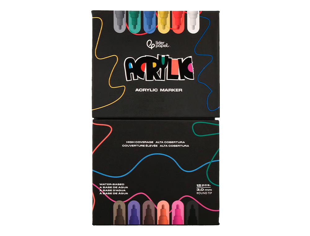 MARCADOR LIDERPAPEL ACRYLIC BASE AGUA TODO TIPO DE SUPERFICIE PONTA REDONDA 3 MM CAIXA DE 12 UNIDADES CORES