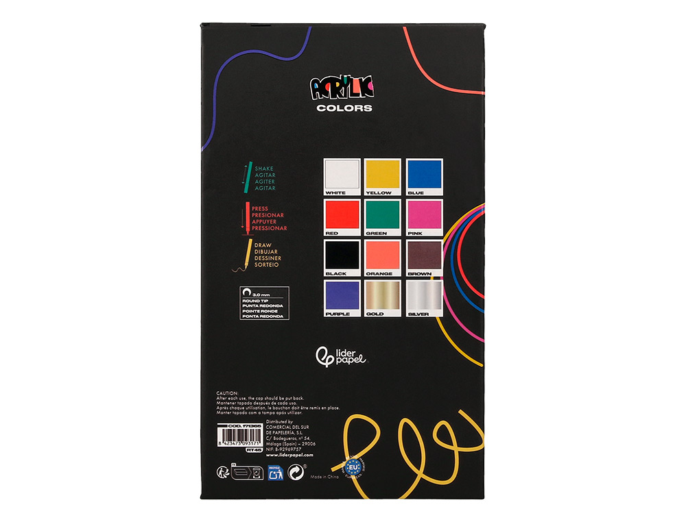 MARCADOR LIDERPAPEL ACRYLIC BASE AGUA TODO TIPO DE SUPERFICIE PONTA REDONDA 3 MM CAIXA DE 12 UNIDADES CORES