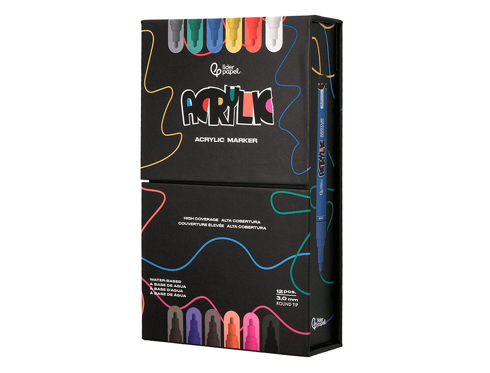 MARCADOR LIDERPAPEL ACRYLIC BASE AGUA TODO TIPO DE SUPERFICIE PONTA REDONDA 3 MM CAIXA DE 12 UNIDADES CORES