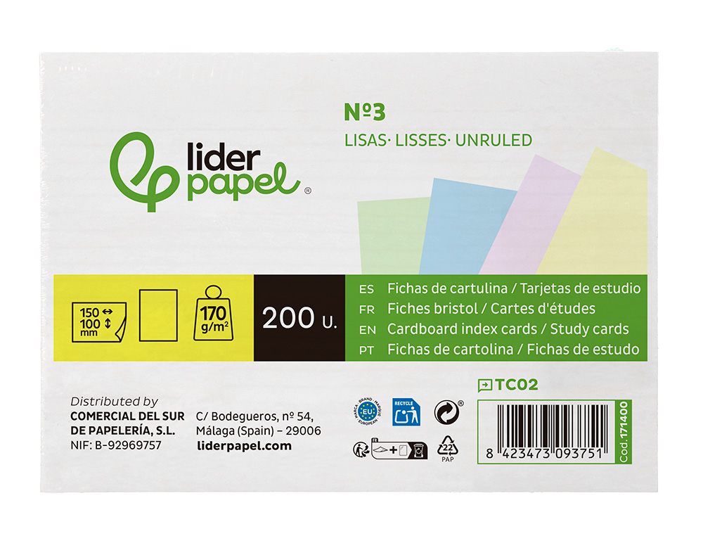 CARTAO LIDERPAPEL PARA ESTUDAR LISO CARTOLINA DE CORES 180 GR 100X150MM EMBALAGEM DE 200 UNIDADES