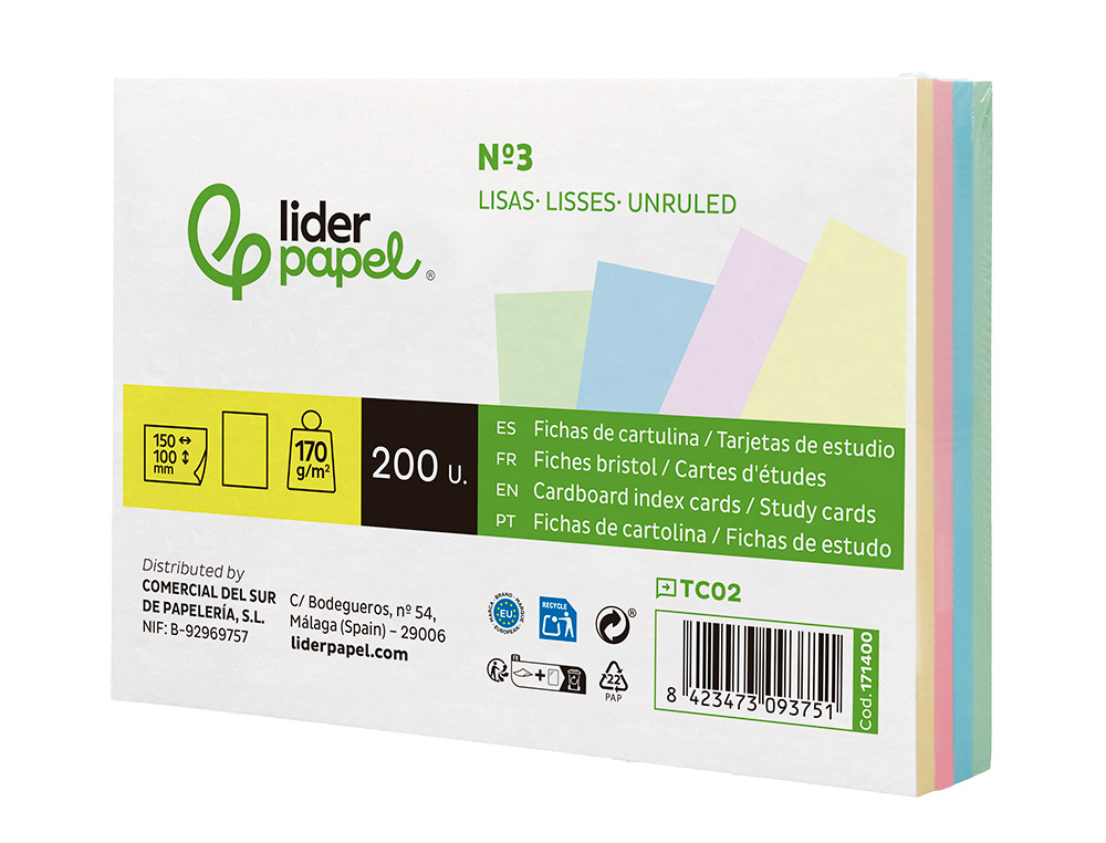 CARTAO LIDERPAPEL PARA ESTUDAR LISO CARTOLINA DE CORES 180 GR 100X150MM EMBALAGEM DE 200 UNIDADES
