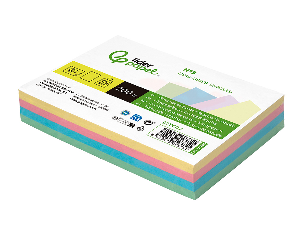 CARTAO LIDERPAPEL PARA ESTUDAR LISO CARTOLINA DE CORES 180 GR 100X150MM EMBALAGEM DE 200 UNIDADES