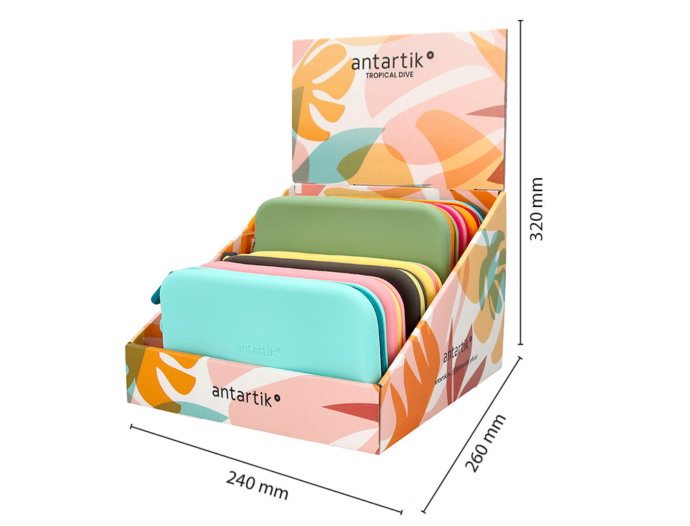 ESTOJO ESCOLAR ANTARTIK TROPICAL DIVE SILICONE SOFT RETANGULAR 190X120X25 MM EXPOSITOR DE 8 UNIDADES