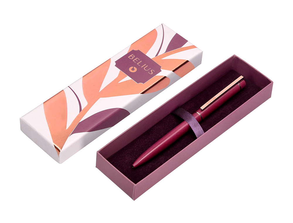 ESFEROGRAFICA BELIUS ROSE ALUMINIO COR BORDEAUX OURO ROSA TINTA AZUL CAIXA DE DESIGN