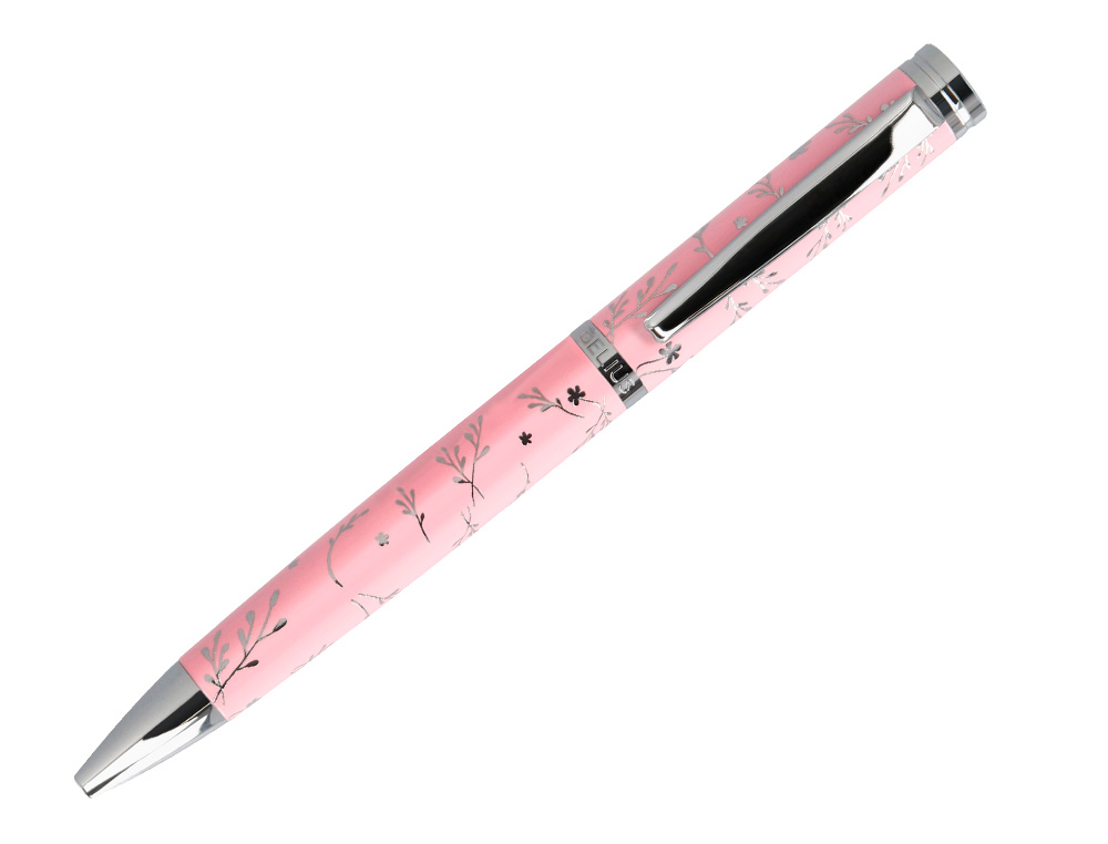 ESFEROGRAFICA BELIUS BELLA ALUMINIO COR ROSA DESENHO PRATEADO RELEVO TINTA AZUL CAIXA DE DESIGN