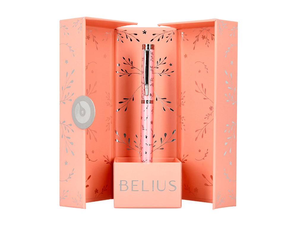ESFEROGRAFICA BELIUS BELLA ALUMINIO COR ROSA DESENHO PRATEADO RELEVO TINTA AZUL CAIXA DE DESIGN