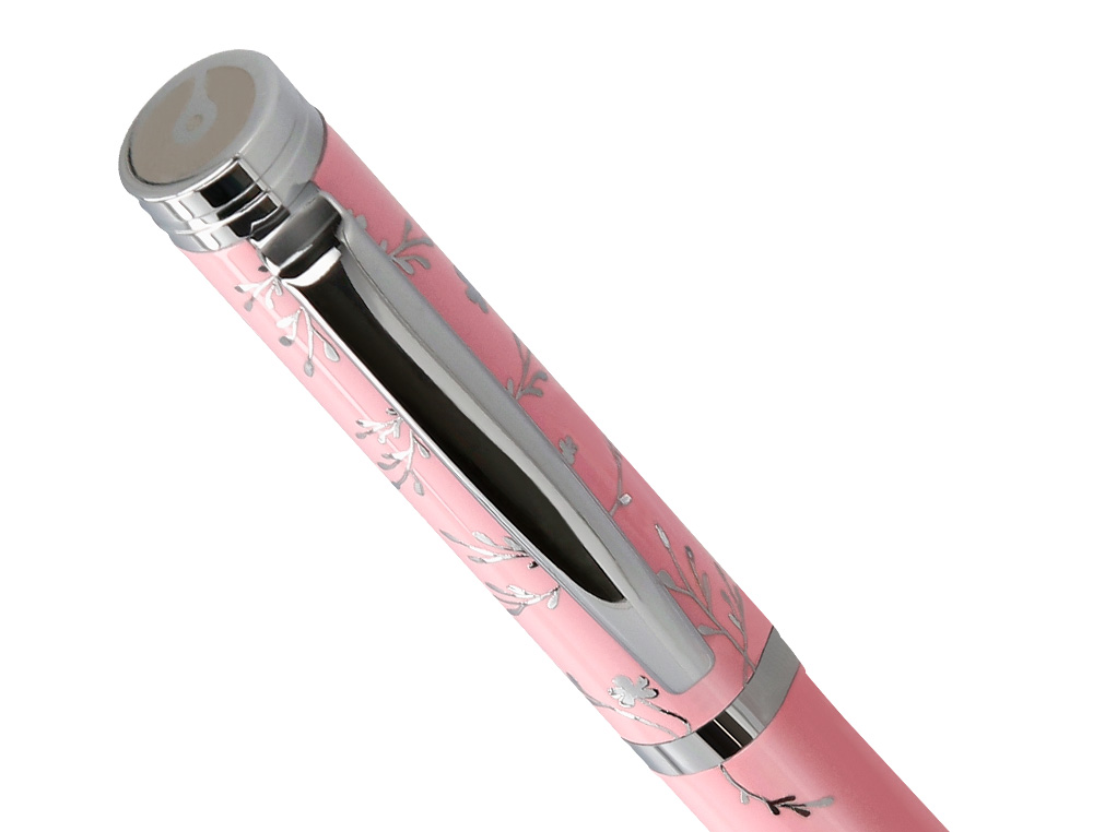 ESFEROGRAFICA BELIUS BELLA ALUMINIO COR ROSA DESENHO PRATEADO RELEVO TINTA AZUL CAIXA DE DESIGN