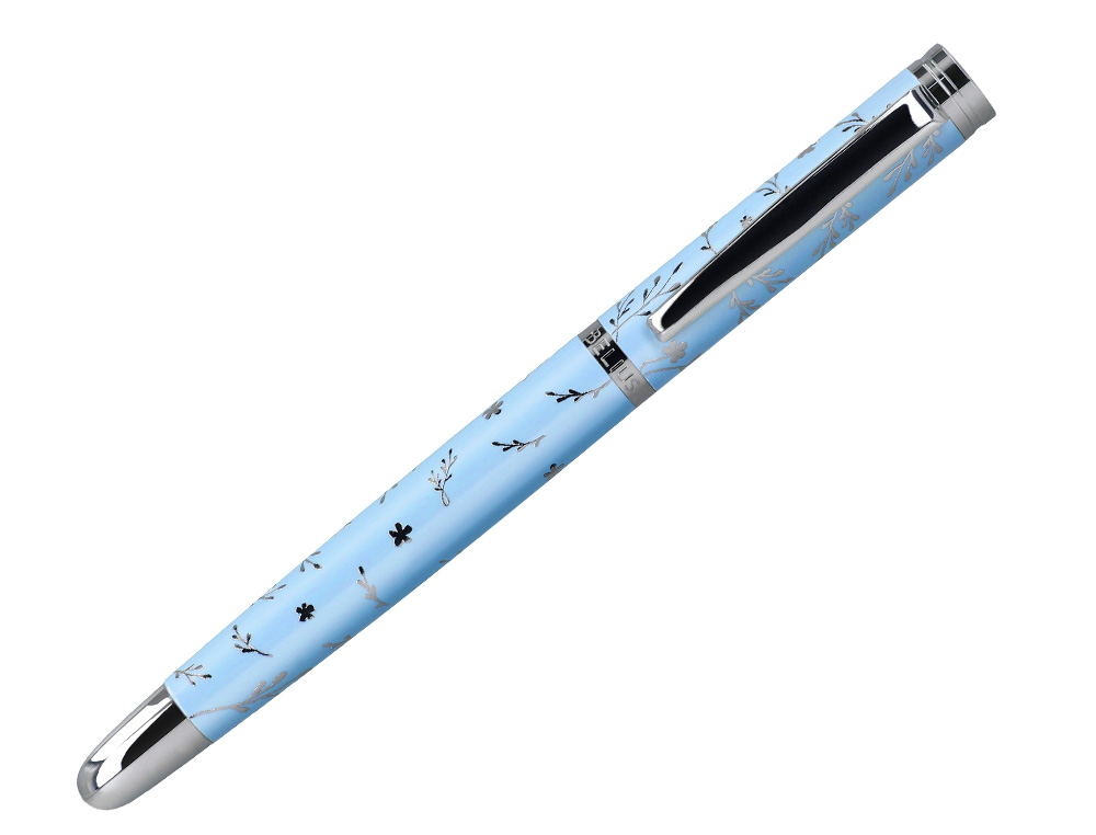 CANETA BELIUS BELLA ALUMINIO COR AZUL CELESTE DESENHO PRATEADO RELEVO TINTA AZUL CAIXA DE DESIGN