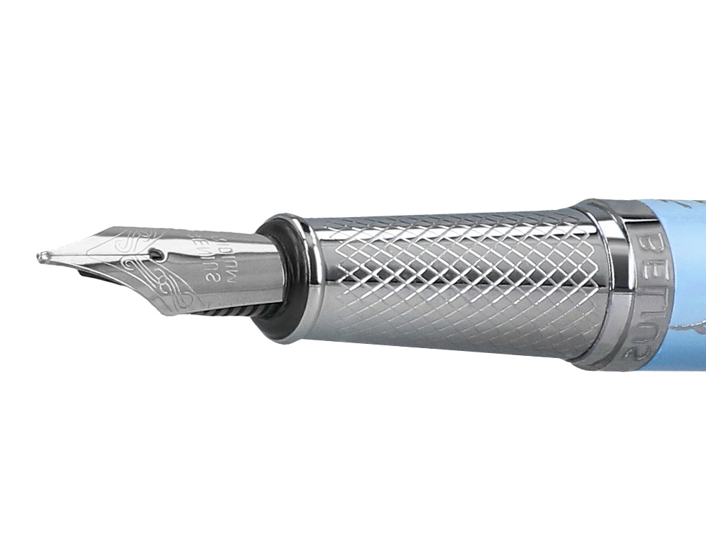 CANETA BELIUS BELLA ALUMINIO COR AZUL CELESTE DESENHO PRATEADO RELEVO TINTA AZUL CAIXA DE DESIGN