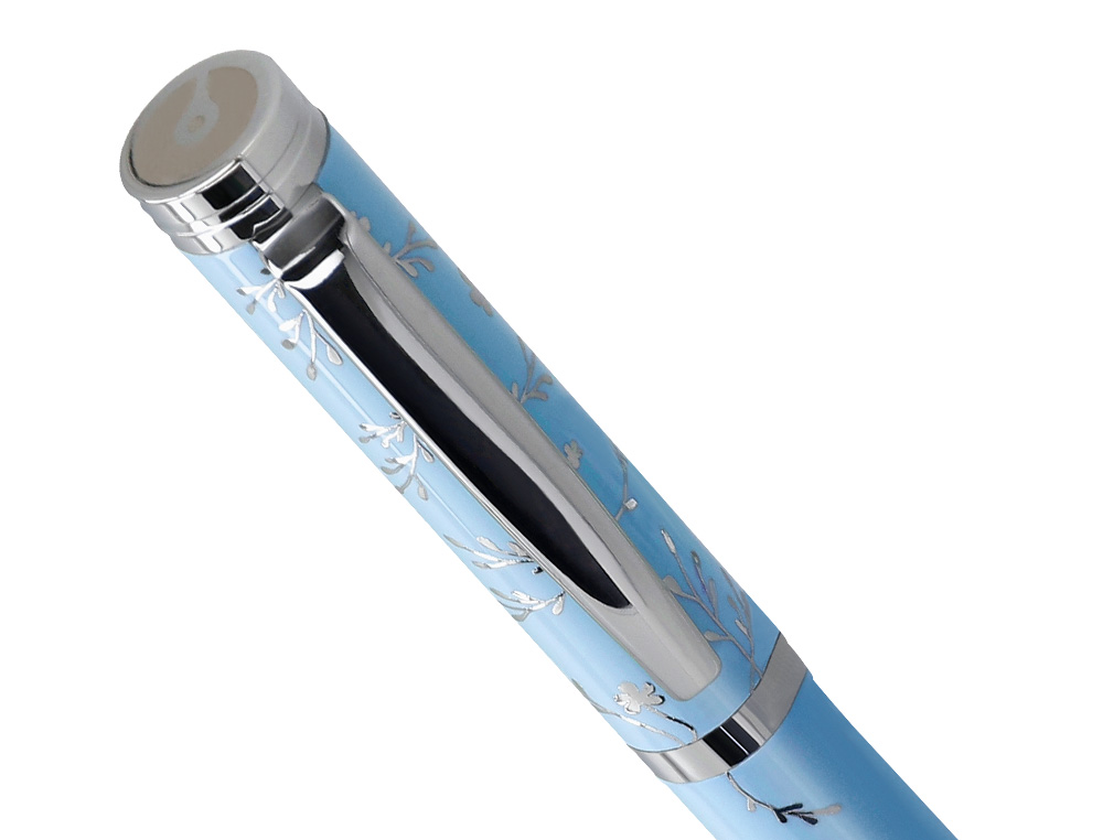 CANETA BELIUS BELLA ALUMINIO COR AZUL CELESTE DESENHO PRATEADO RELEVO TINTA AZUL CAIXA DE DESIGN