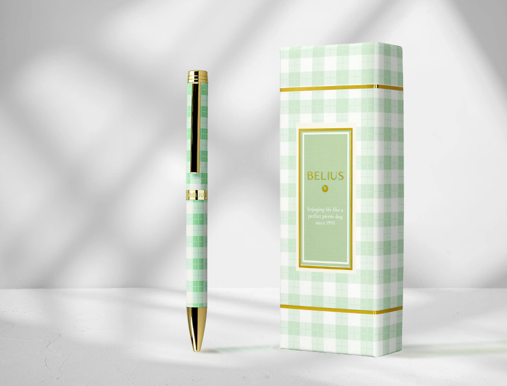 ESFEROGRAFICA BELIUS PICNIC ALUMINIO COR VERDE DOURADO TINTA COR AZUL CAIXA DE DESIGN