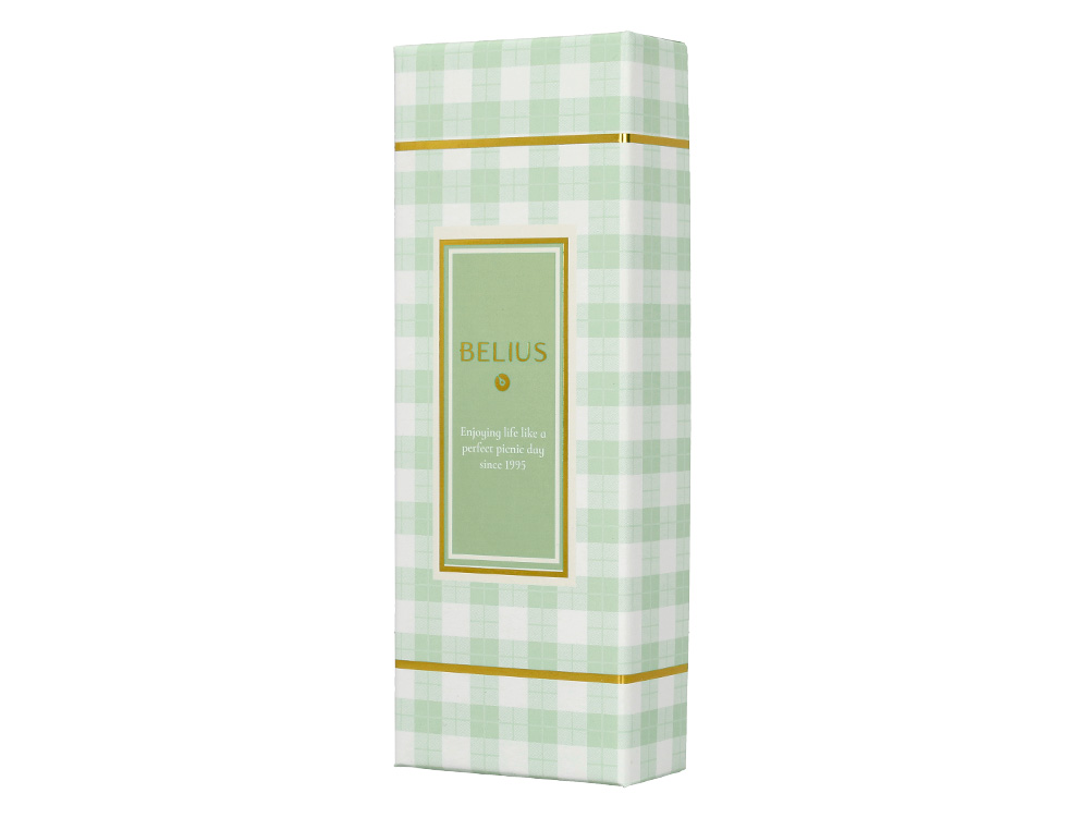 ESFEROGRAFICA BELIUS PICNIC ALUMINIO COR VERDE DOURADO TINTA COR AZUL CAIXA DE DESIGN