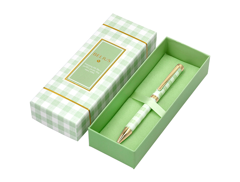 ESFEROGRAFICA BELIUS PICNIC ALUMINIO COR VERDE DOURADO TINTA COR AZUL CAIXA DE DESIGN