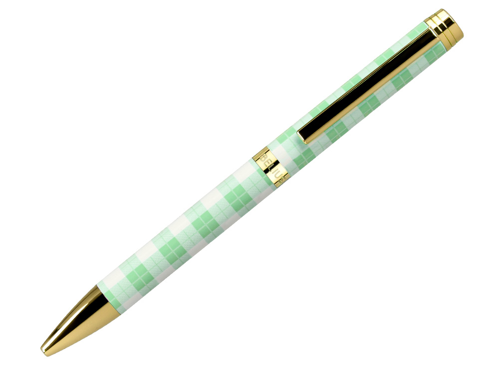 ESFEROGRAFICA BELIUS PICNIC ALUMINIO COR VERDE DOURADO TINTA COR AZUL CAIXA DE DESIGN
