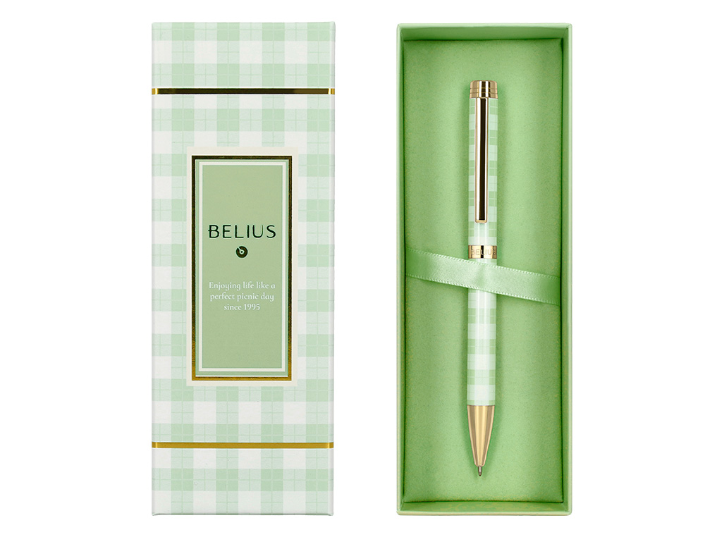 ESFEROGRAFICA BELIUS PICNIC ALUMINIO COR VERDE DOURADO TINTA COR AZUL CAIXA DE DESIGN