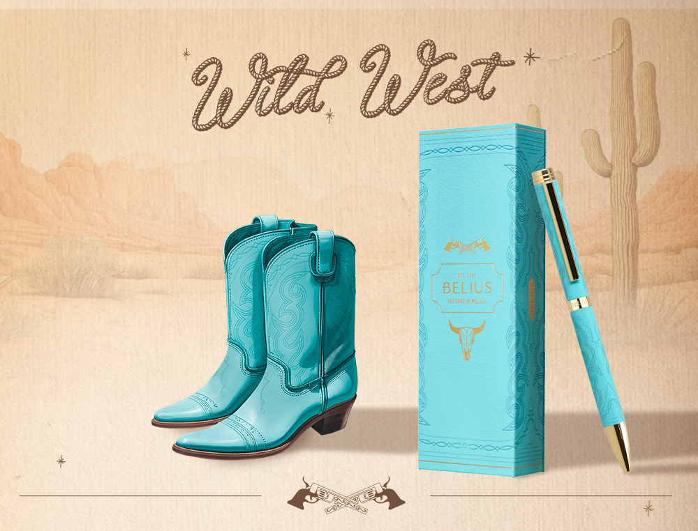 ESFEROGRAFICA BELIUS WILD WEST ALUMINIO COR BRANCO DOURADO TINTA COR AZUL CAIXA DE DESIGN