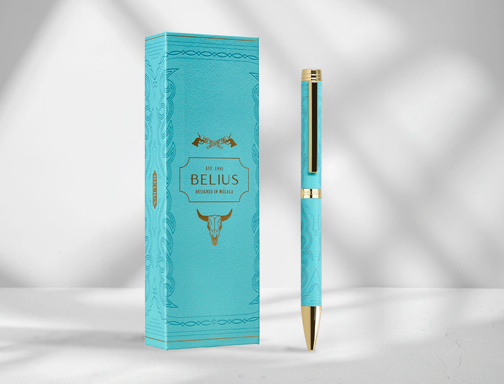 ESFEROGRAFICA BELIUS WILD WEST ALUMINIO COR BRANCO DOURADO TINTA COR AZUL CAIXA DE DESIGN